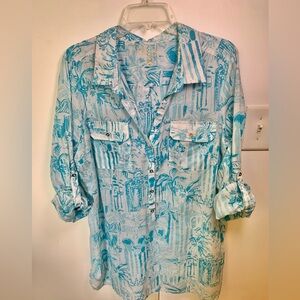 Lilly Pulitzer Captiva Button Down Collared Tunic Island Treasure - Blue XL